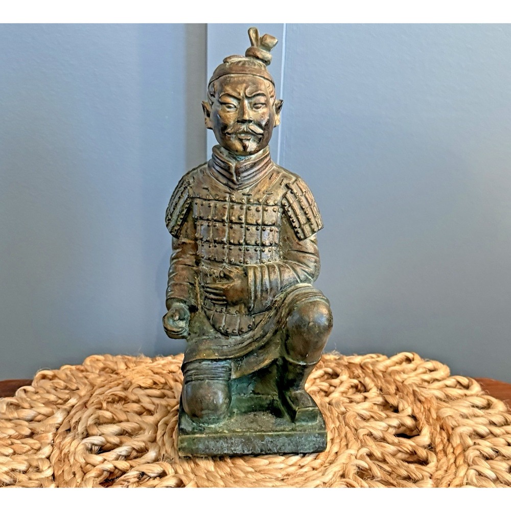 Asian Kneeling Warrior Figurine 10.5" Faux Bronze Resin Statue Zen‎ Chinoiserie